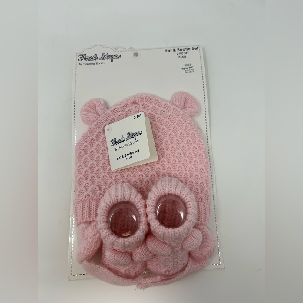 NWT First Steps by Stepping Stones Baby Girl Pink Hat and Bootie Set